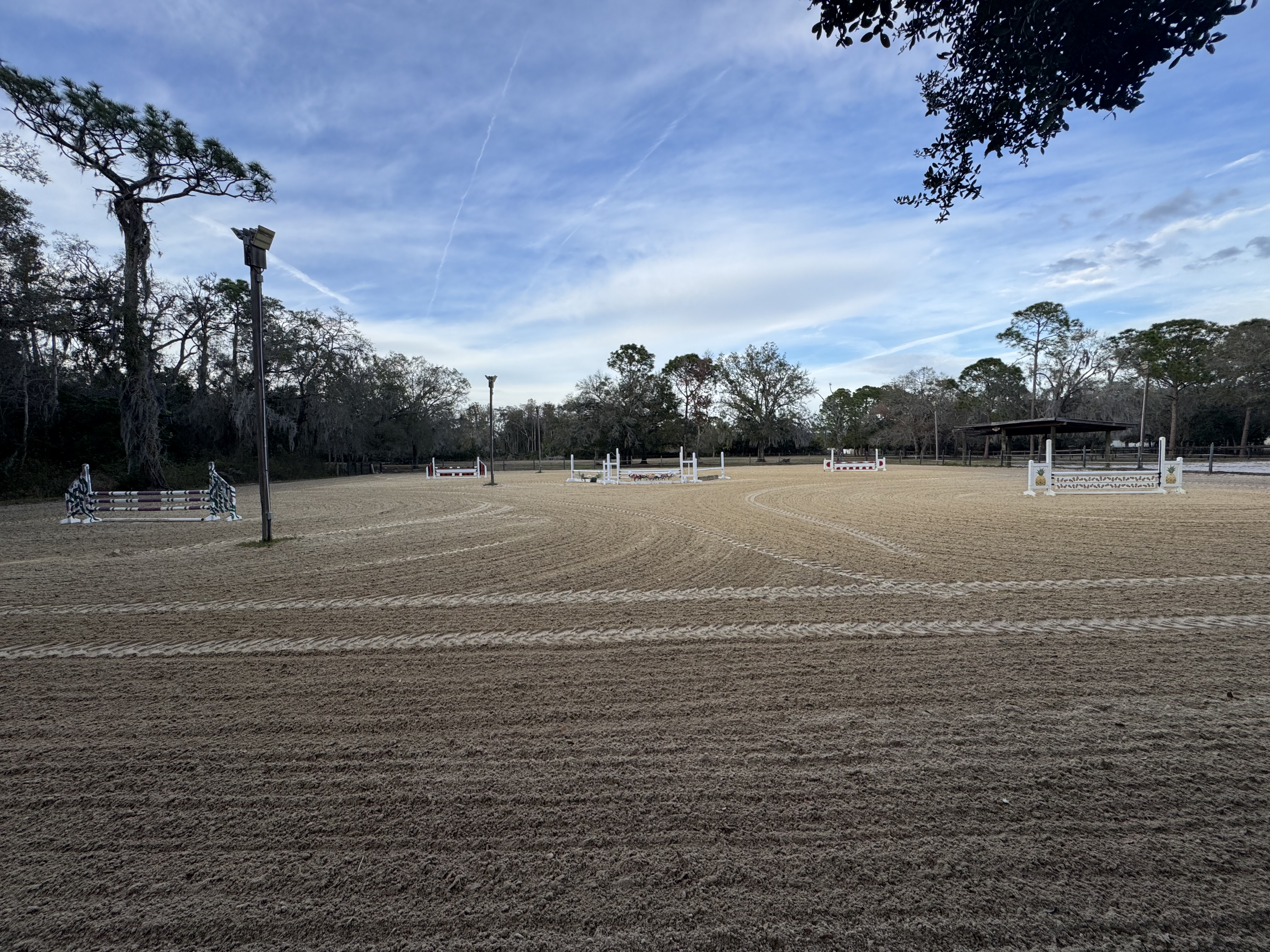 Large outdoor arena. Footing is a sand/clay mixture. LED lights for evening or early morning rides.