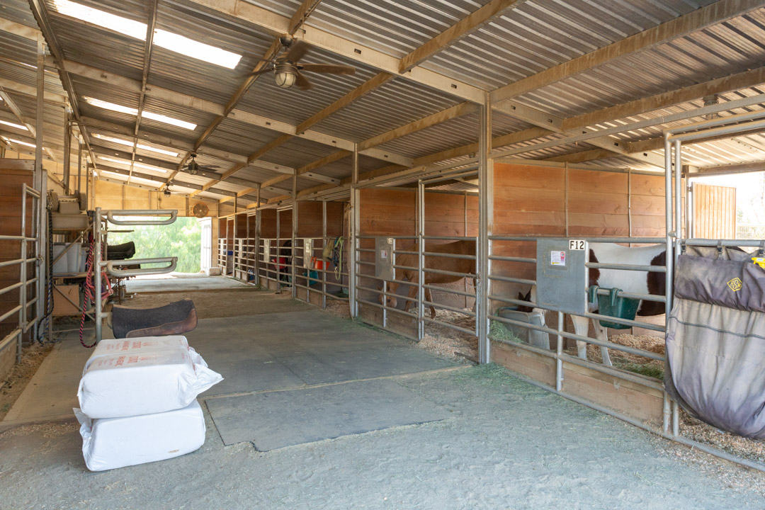 Covered barn aisle with fans, mats and roomy stalls