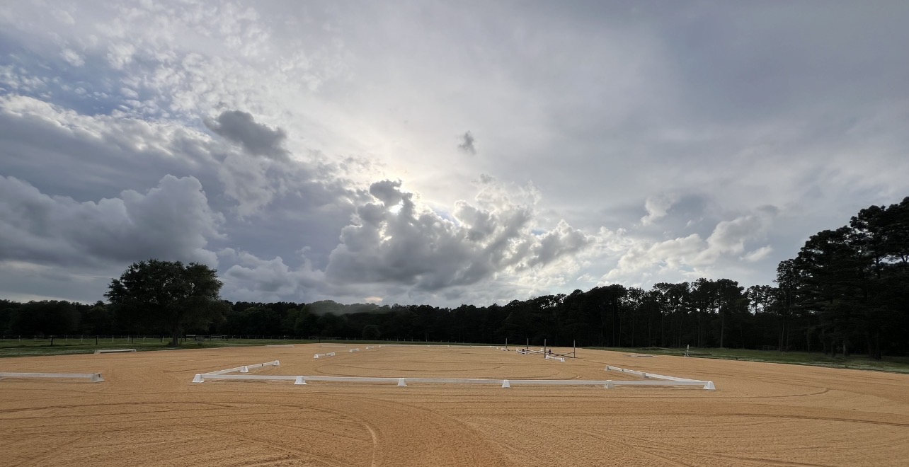 Arena with dressage area set up