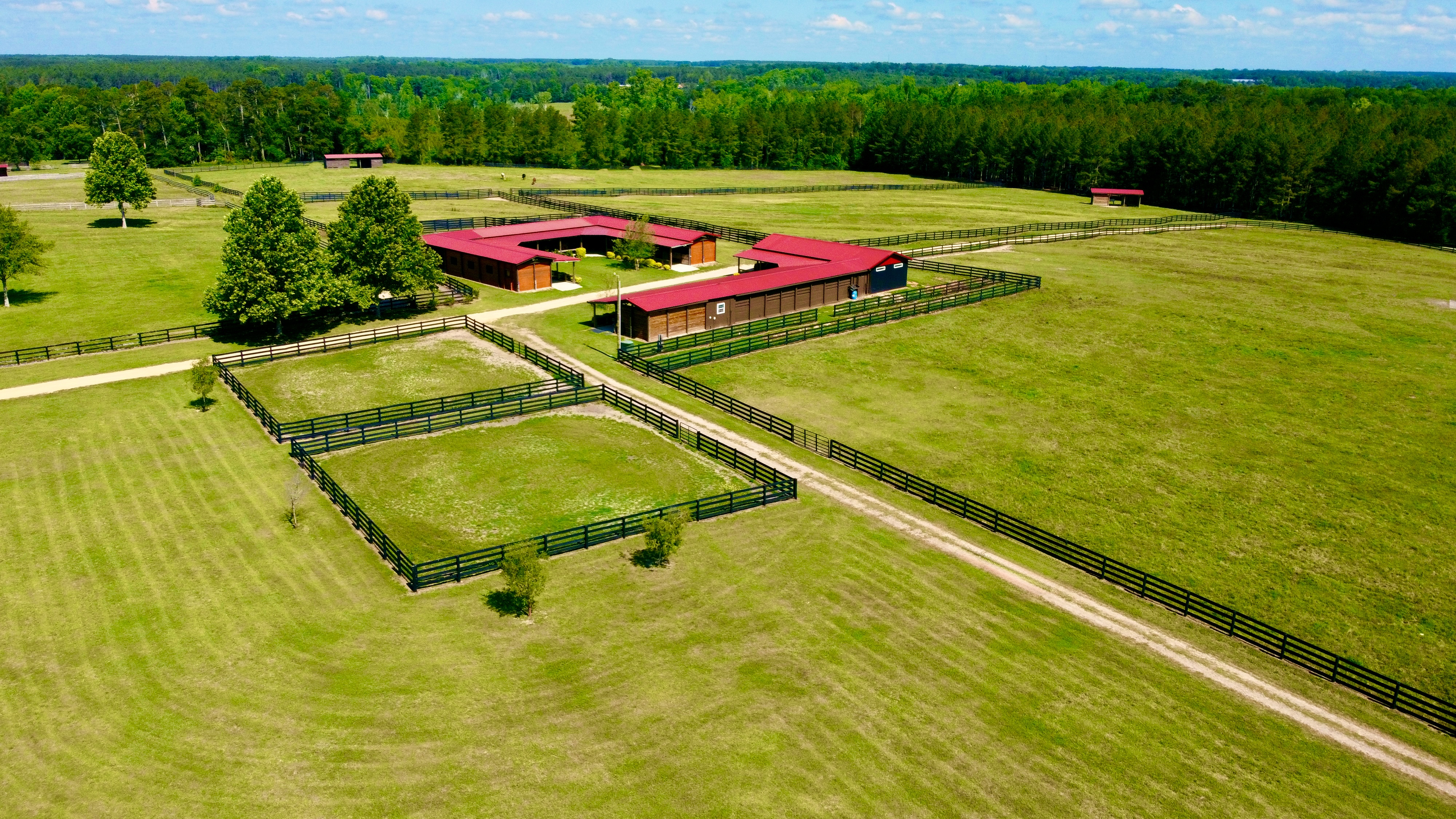 Barns, small individual paddocks, bigger pastures and large fields